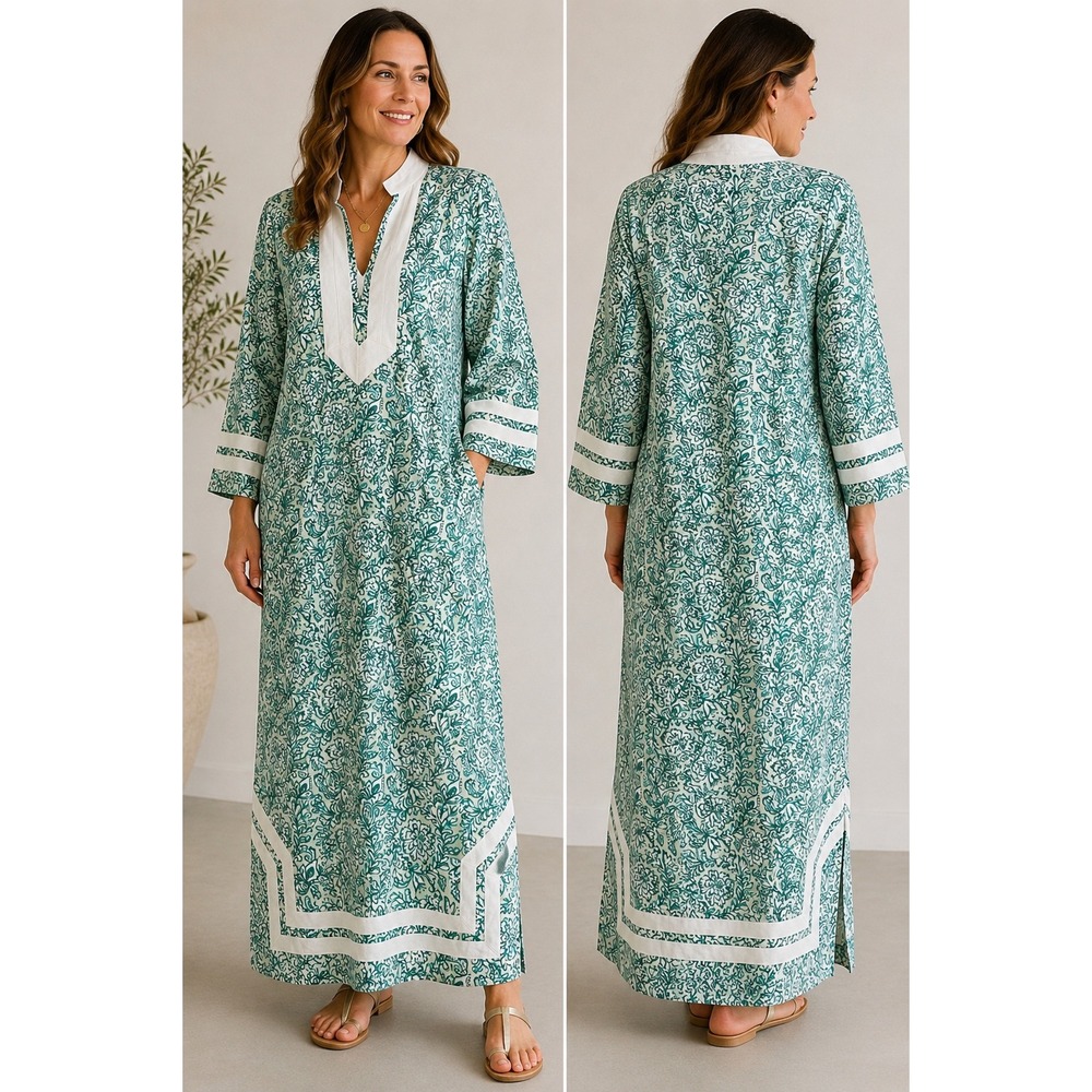 Sail to Sable Green White Floral Cotton Maxi Tunic Kaftan Dress Womens XL